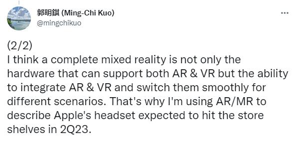 郭明錤：“AR/VR模式”將是蘋果MR頭顯關鍵賣點