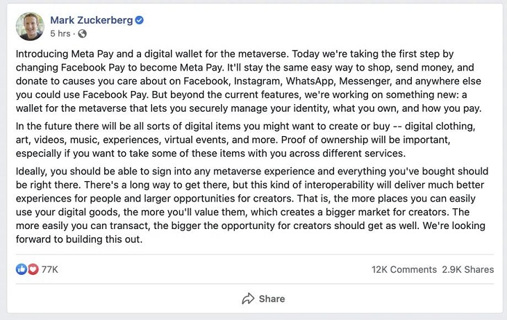 致力于創建元宇宙“錢包”，「Facebook Pay」更名為「Meta Pay」
